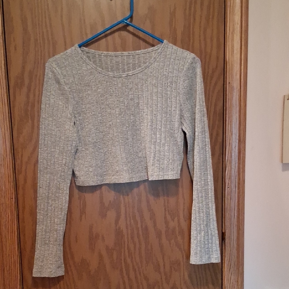 Gray Ribbed Long Sleeve Crop Top